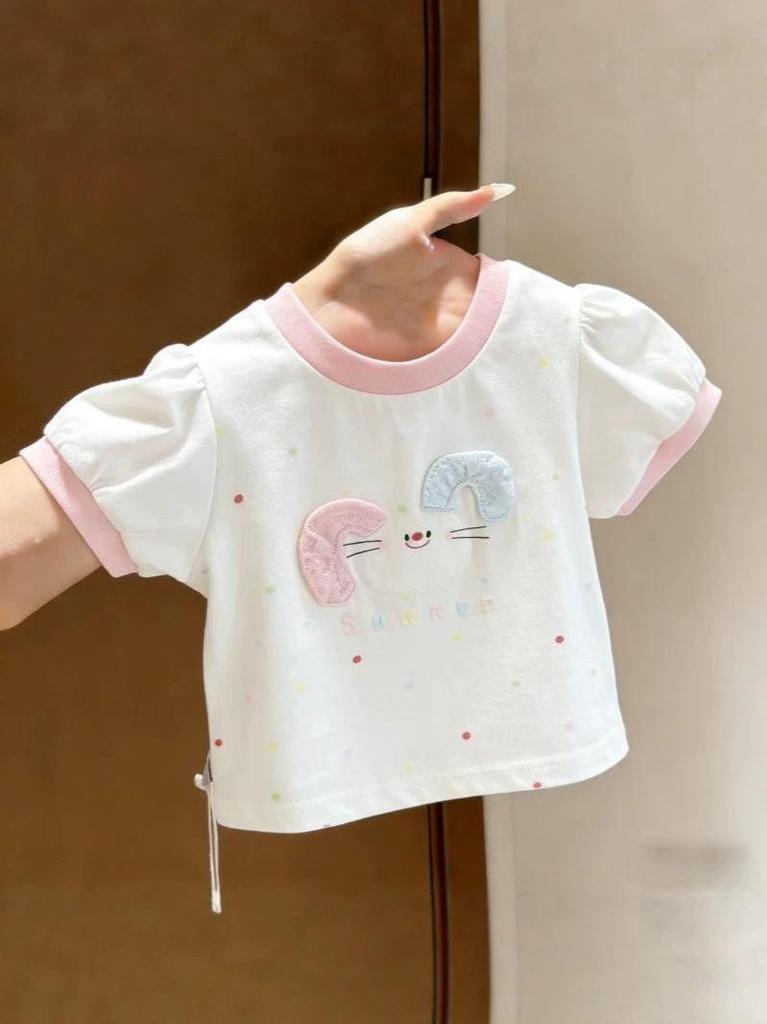 Girls' Korean Style Bunny Applique Short Sleeve T-shirt: Cute, Stylish, and Versatile Summer Top with Color Blocking