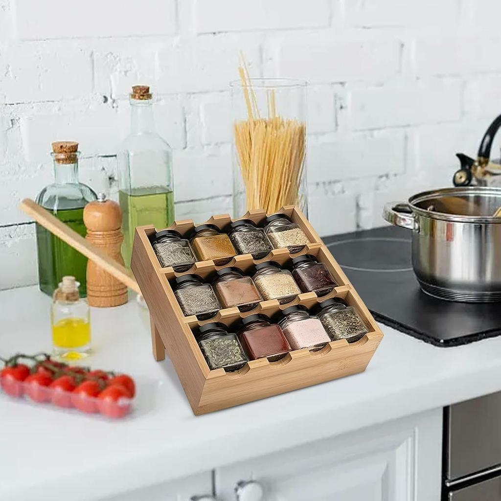 Bamboo Wood 12 Compartment Spice Rack Organizer For Kitchen Multi-Tier Storage Shelf With Jars
