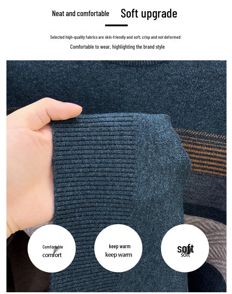 Men's Autumn/Winter 2025 Striped Knit Sweater - Middle-aged, Round Neck, Loose Fit, Elastic, Dad's Wardrobe Essential