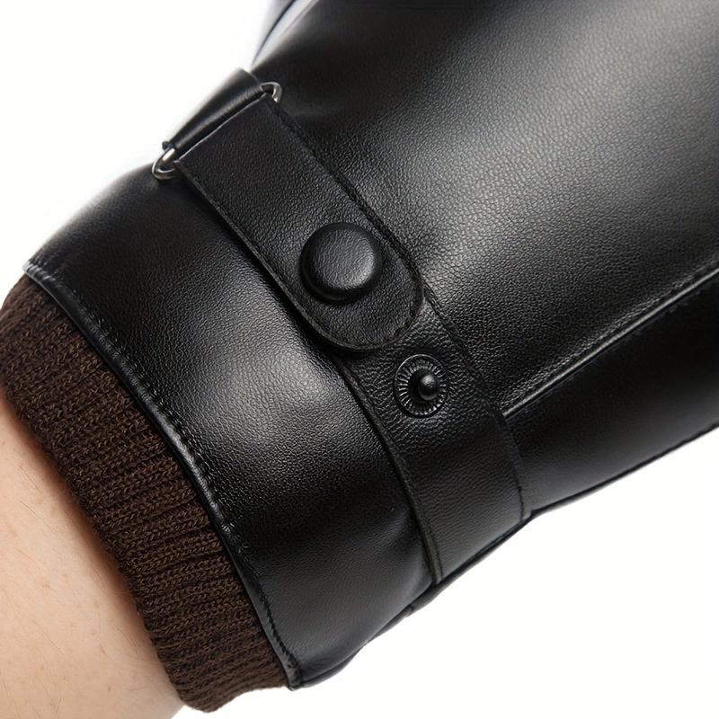 WTEMPO 1 Pair of PU Metal Buckle Touch Screen Cashmere Warm Men's Cold-proof Full Finger Gloves Korean Outdoor Riding Cycling Winter Leather Gloves