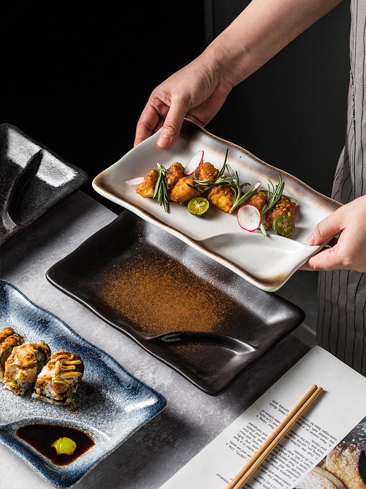 1PC Japanese Rectangular Dumpling Plate, Creative Ceramic Sushi Plate with Dipping Sauce Rack, Sashimi Plate