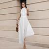 Holiday style white cotton single-breasted sleeveless neck dress women's summer sexy backless dress