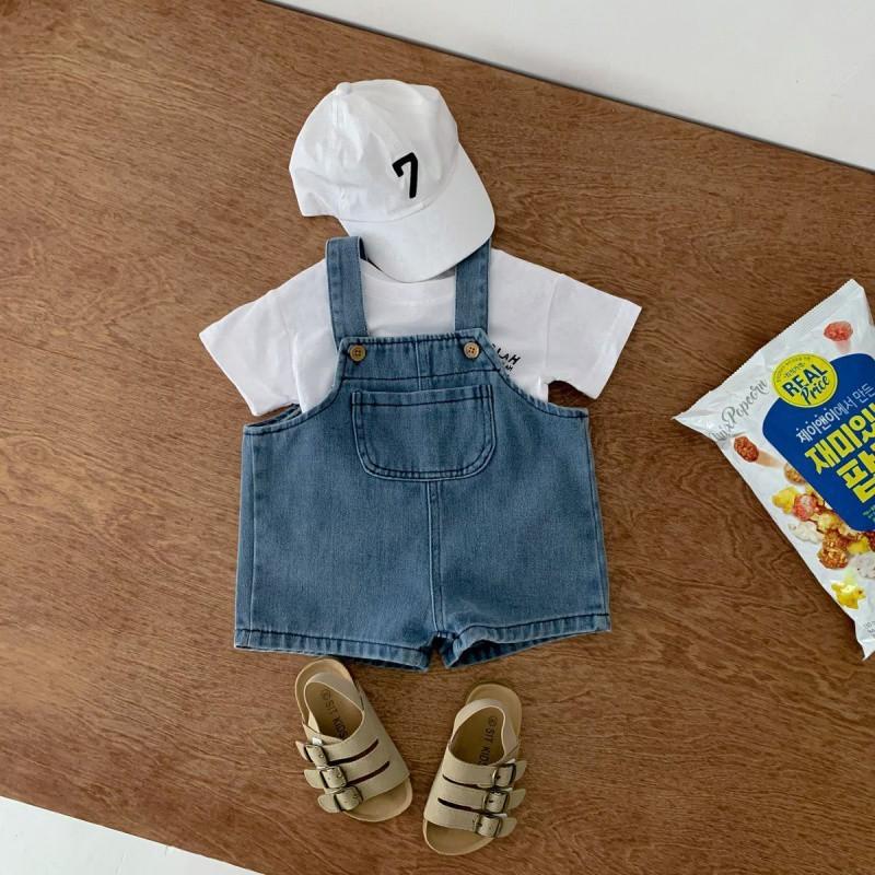 Stylish Baby Denim Suspender Short Set For Boys And Girls With Trendy White Short Sleeve T-shirt