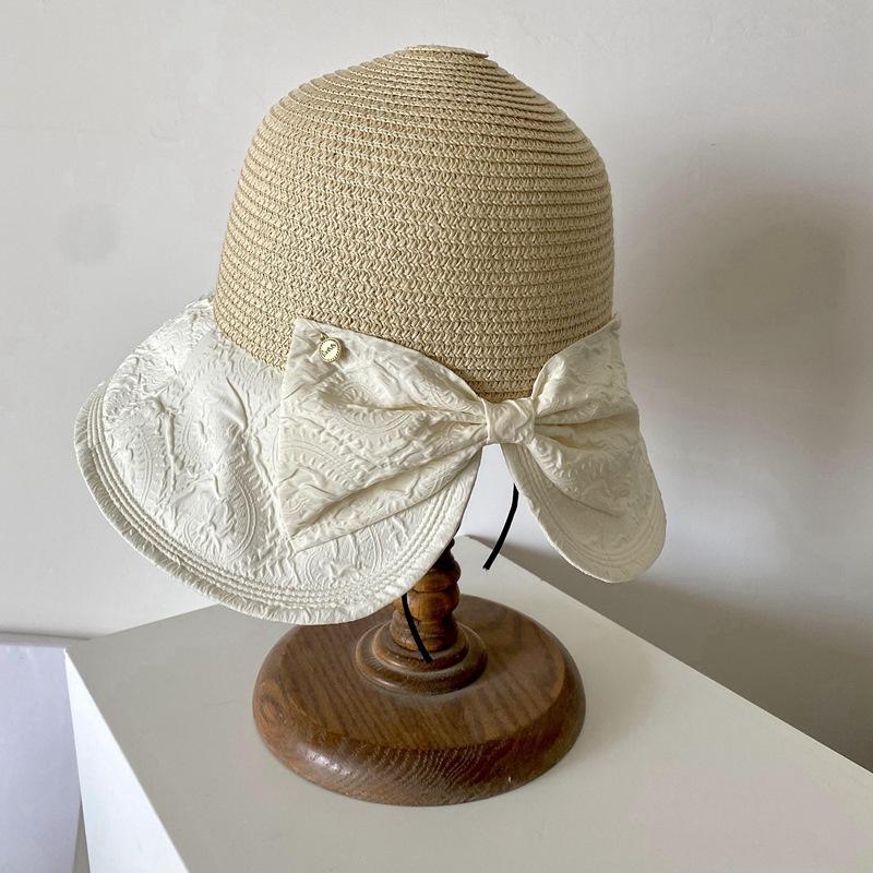 

Splicing knitted bow fisherman s hat children summer split elegant fashion outdoor sunshade basin hat tide Adult (56-58cm) бежевый