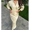 2025 New Fashion: Elegant Satin Long Sleeve Tie-Up Top & Midi Skirt