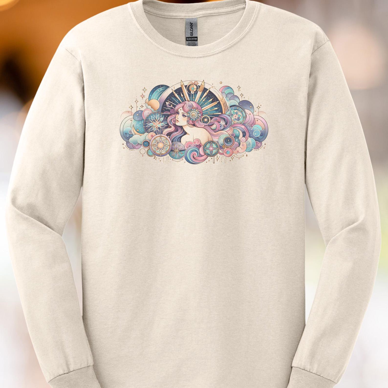 Celestial cloud goddess pastel shirt cosmic stars dreamy hair art tee mystical sun moon boho graphic shirt colorful universe 140