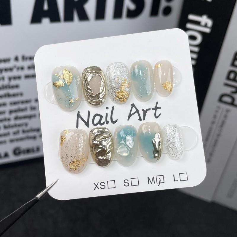 Short Oval Press-On Nails With Embossed Gold Foil Design Handmade Wearable Nail Tips Daily Use Minimalist Chic Style