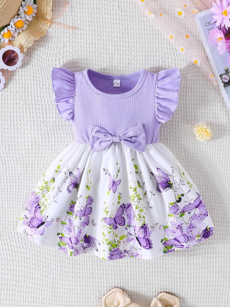 Infant Toddler Girl Floral Butterfly Dress, Ruffle Sleeve Bow Accent Dress, Casual Summer Outfit 6-36M