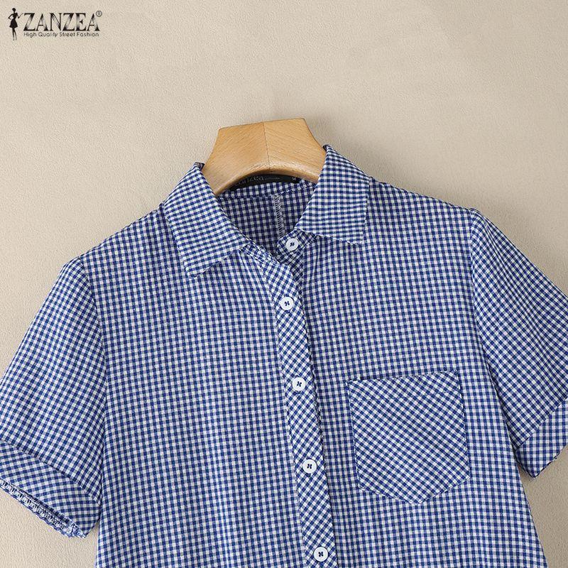 ZANZEA Women Plaid Print Casual Turn Down Collar Short Sleeve Dress