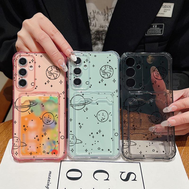 Cute Planet Pattern Clear Card Slot Case For Samsung S24 FE S23 S22 Ultra A16 A55 A15 A35 A54 A34 A14 Shockproof Soft Silicone Protection Phone Cover