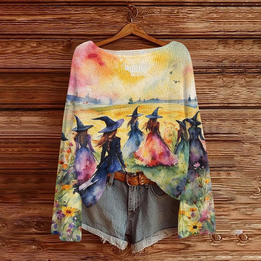 Women's Casual Long Sleeve Halloween Print Round Neck Knit Pullover Sweater Top