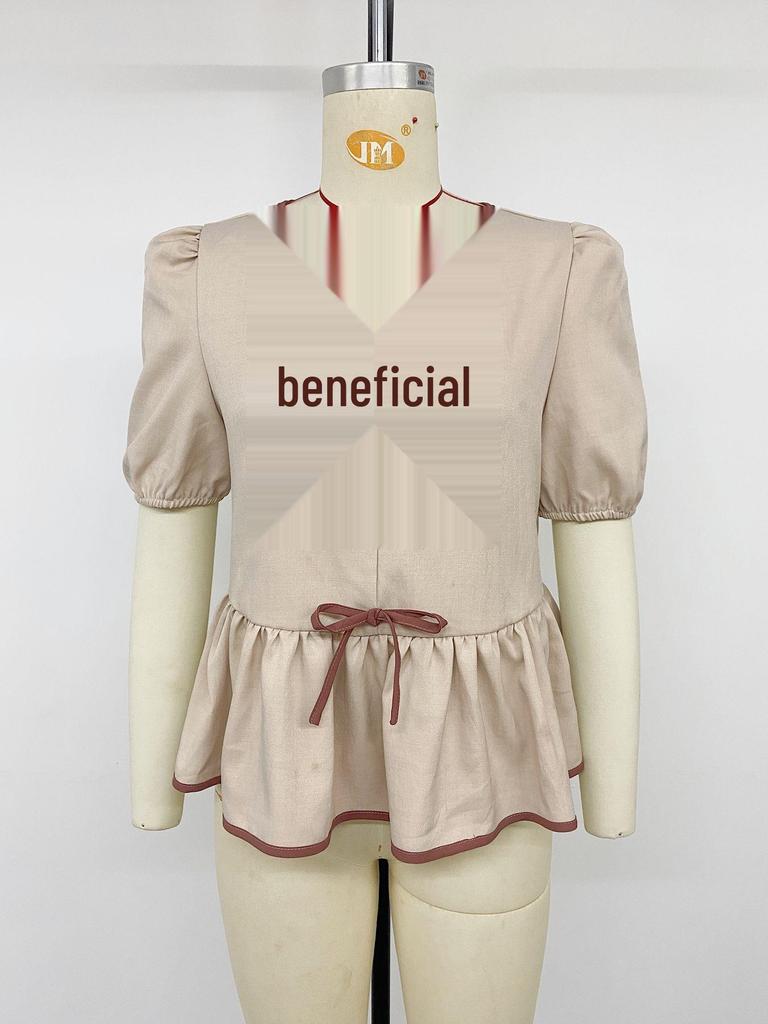 European & American Color Block Bow Tie Lace-up Pullover Short Sleeve Women's Top - Summer 2026.