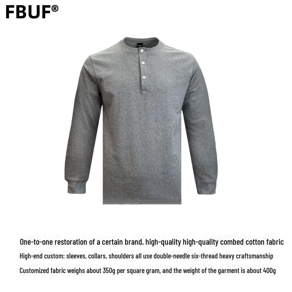 Men's Slim Fit Khaki Henley: 320g Cotton, Long Sleeve, Retro Style for Autumn