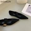 Fashion SUOJIALUN Autumn Women New Brand Flat Shoes Fashion Red Pointed Toe Mary Jane Shoes Buckle Flat Heel Outdoor Dress Ballerinas
