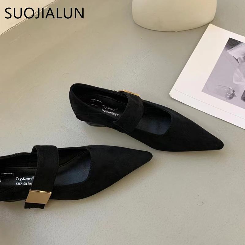 Fashion SUOJIALUN Autumn Women New Brand Flat Shoes Fashion Red Pointed Toe Mary Jane Shoes Buckle Flat Heel Outdoor Dress Ballerinas