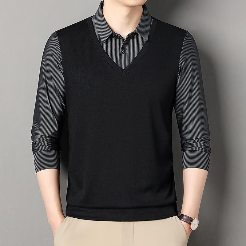 

Fake Two-Piece Shirt Collar Long-Sleeved T-Shirt Medium Top Men S Business Casual Polo Shirt 4XL чёрный