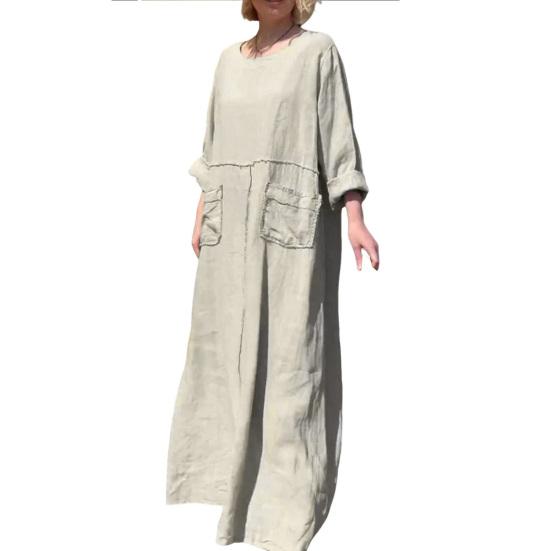 Kadın Uzun Kollu Elbise Bol Kesim Düz Renk Cepli Uzun Elbise Retro Stil Yuvarlak Yaka A Kesim Eklemeli Elbise Ofis Günlük Yaşam Plaj Partisi için