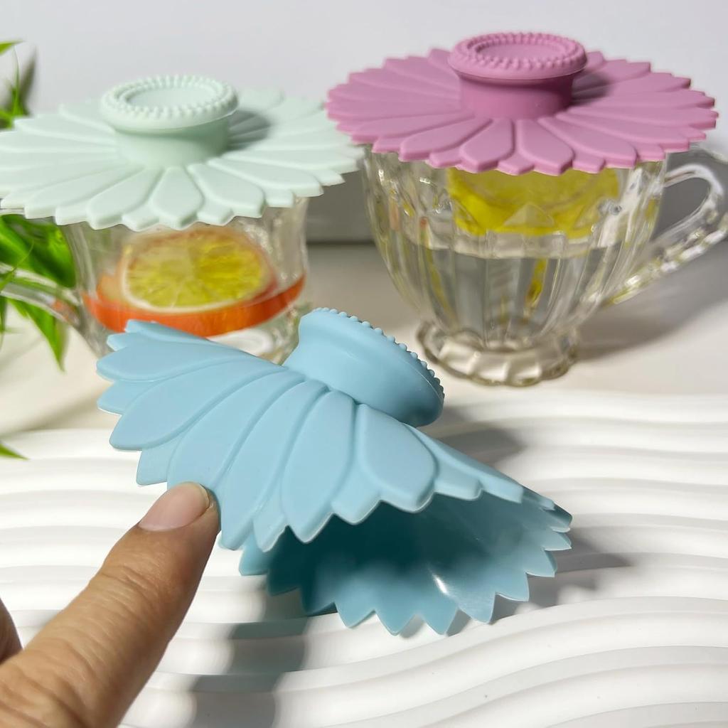 3pcs set of sunflower silicone cup covers, multi-functional silicone cup lids,sunflower silicone cup lids, dust proof and leak proof tea cup