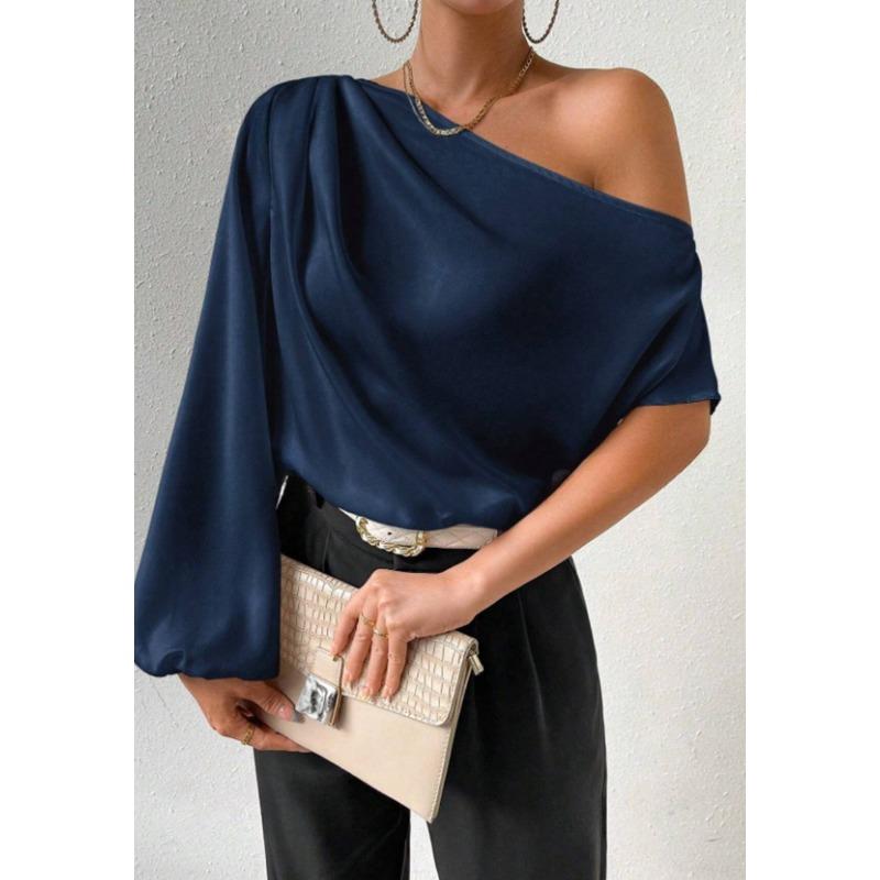 

Женская рубашка с косыми плечами и длинными рукавами, однотонная, сексуальная, с открытыми плечами, свободная, темпераментная, атласные блузки и рубашки XL синий