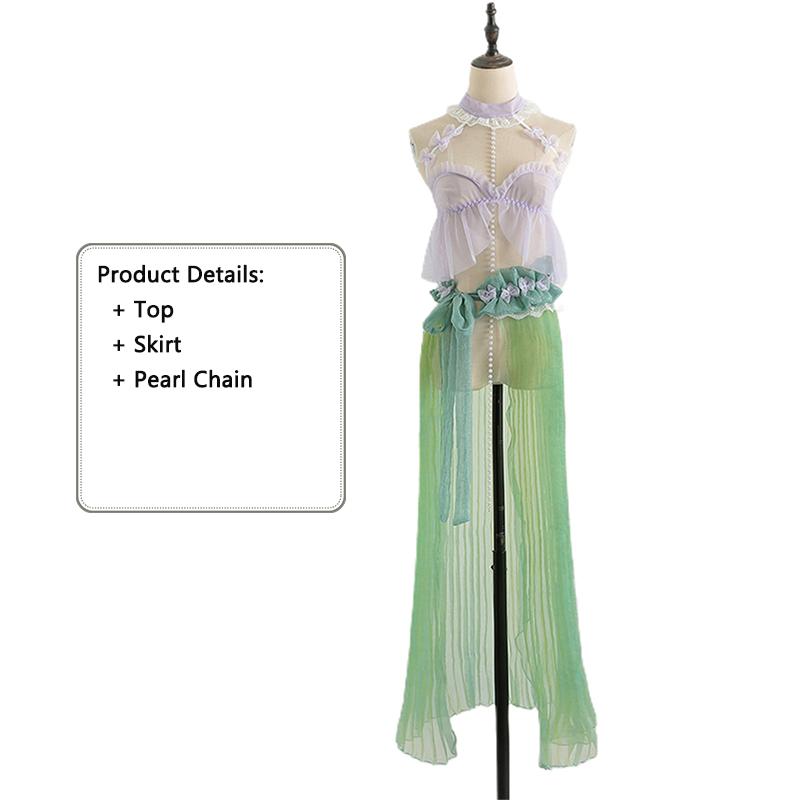 Hot Erotic Sexy Mermaid Roleplay Allure Deep V Lace Lingerie Mesh Babydolls Perspective Exotic Porn Dress With Pearl Chain