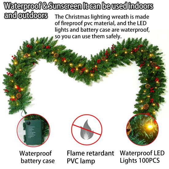 Yousheng 270CM Christmas Artificial Pine Garland with LED Light Red Berries Pinecone Glowing Faux Pine Needle Rattan Mantle Fireplace Porch Hanging