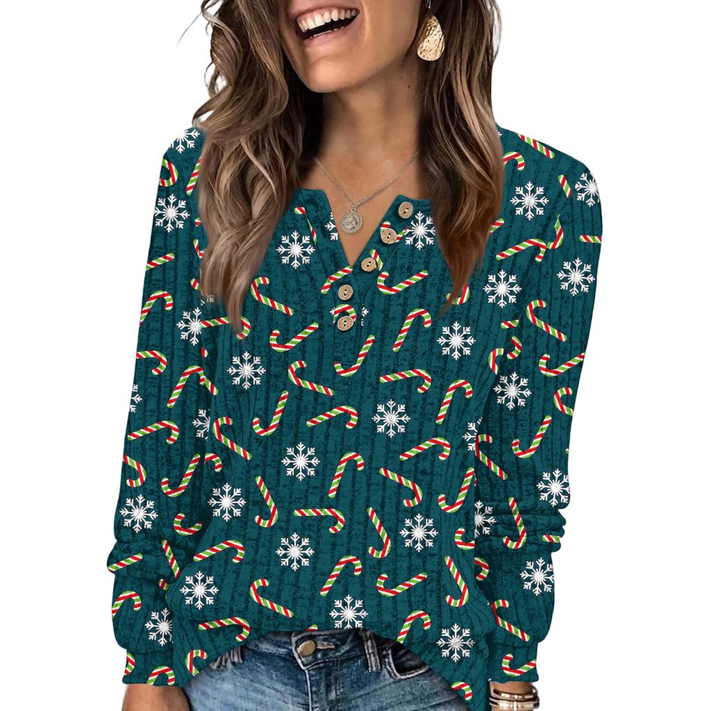 Women's Fashion V-Neck Button-Up T-Shirt With Christmas Print Long-Sleeved Top