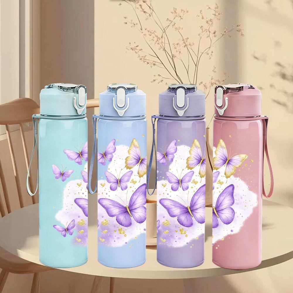 1PC Purple Butterfly Soft Watercolor Print 750ml Color Plastic Sports Water Bottle Leakproof Flip Straw Lid Suitable for Sports Office Home Use