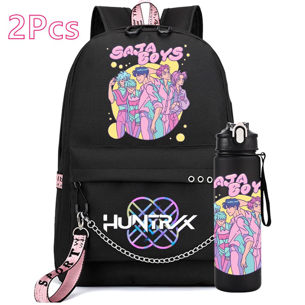 2Pcs/set K-pop Printed Backpack with 750Ml Water Bottler for Teenager Girl Boy Bookbag Kid Gift Large Capacity Waterproof Travel Bag Rucksak