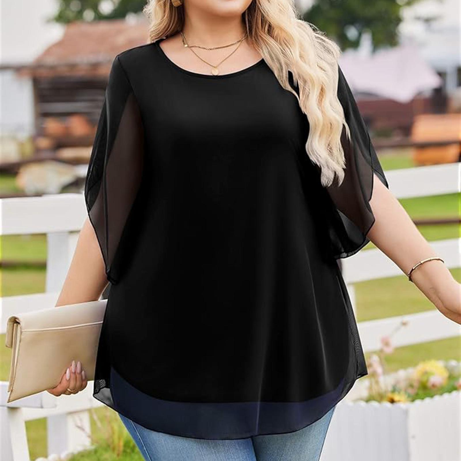 

Women’s Plus Size Floral Print Chiffon Blouse Loose Fit Short Sleeve Round Neck Lightweight Tunic Top for Casual Wear XXL чёрный