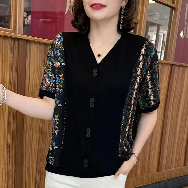 Women Black Floral Print Patchwork V Neck Short Sleeve Mom Top L зелёный
