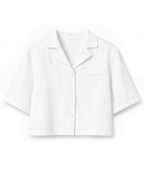 KOLEAT Linen White Slim Short Sleeve Shirt [Crop]
