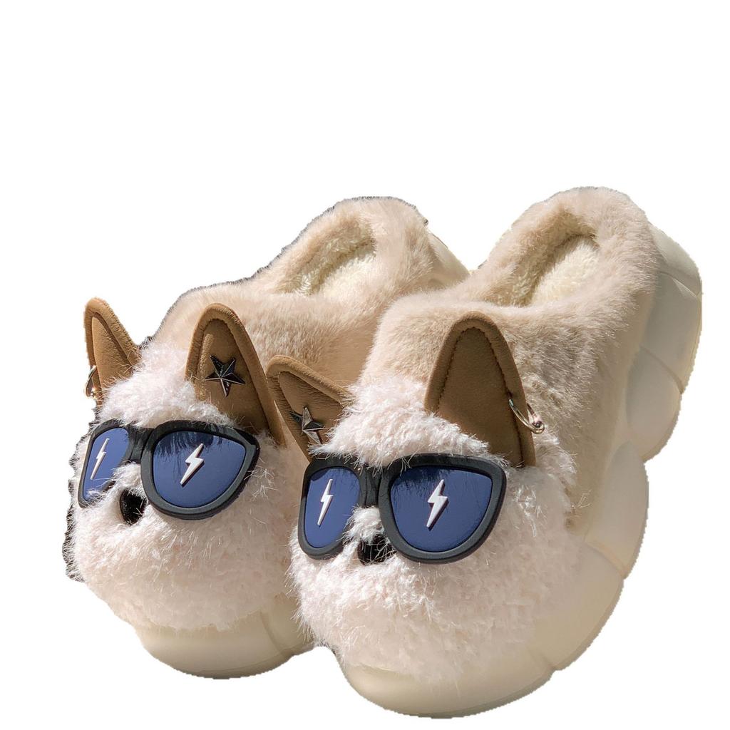 Lightning Dog Cartoon Plush Warm Cotton Slippers Winter Warm Home Indoor Cute Eye Dog Non-slip Cotton Shoes