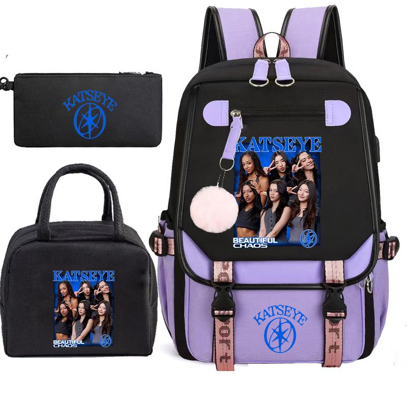 Katseye Girl Group Print 3-Piece Set Backpack, Color Block Anti-Gravity School Student Bookbag Large Capacity Lightweight Water-Resistant