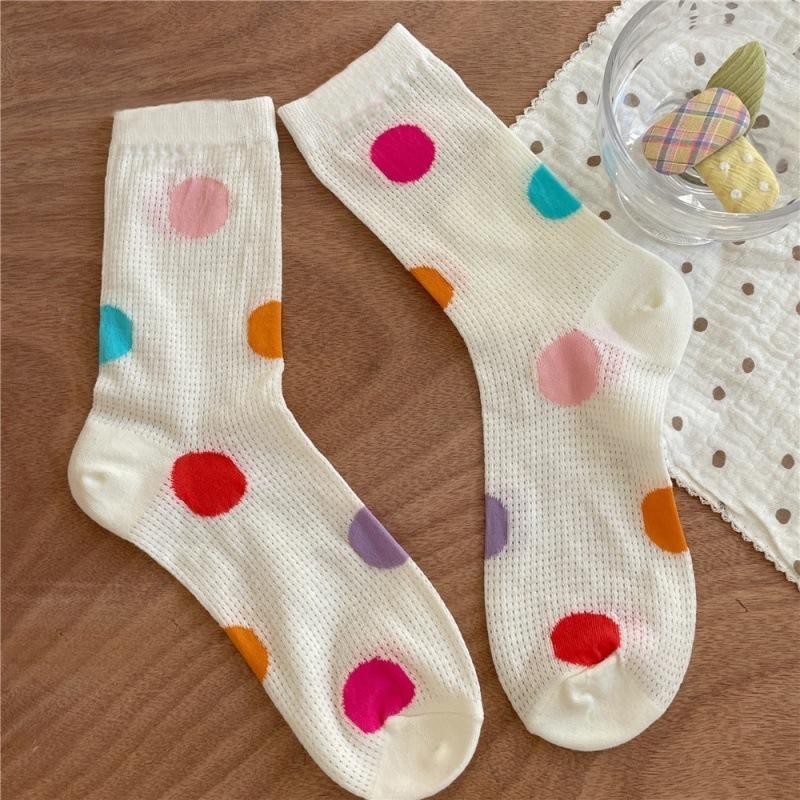 Girls Colorful Polka Dot Striped Socks Kids Mid Calf Socks Ins Trendy Pure Cotton Summer Thin Mesh Breathable Long Spring Summer