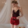 Women's Satin Lace Deep V Cami Top Shorts 2 Piece Pajama Set