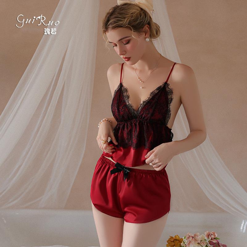 Women's Satin Lace Deep V Cami Top Shorts 2 Piece Pajama Set