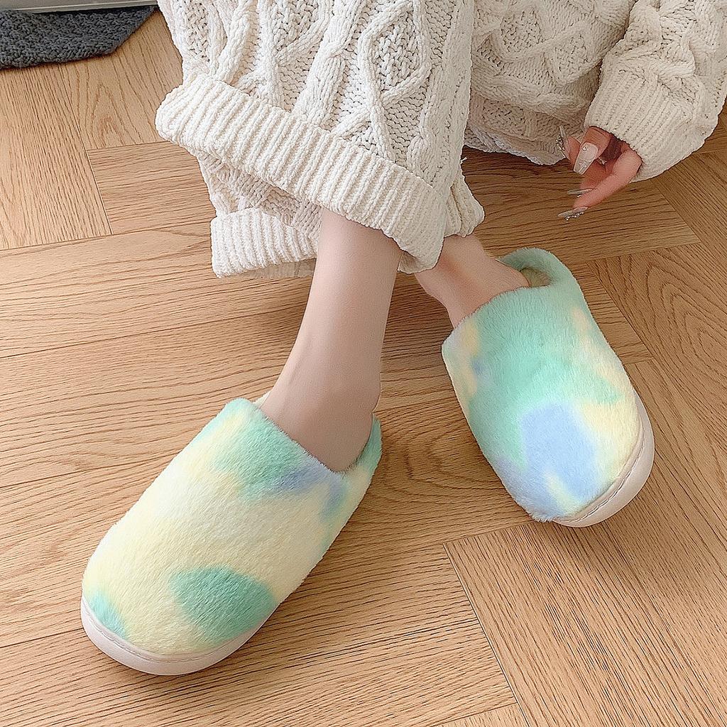 Tie Dye Fluffy Bedroom Slippers Women New Winter Cozy Warm Plush Indoor Home Slippers Woman Fashion Gradient Soft Fuzzy Slides