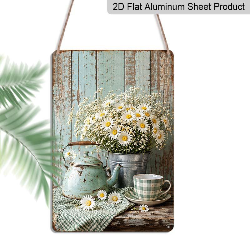 2D Flat Rustic Farmhouse Daisy Teapot Coffee Cup Vintage Metal Sign - 8.0x12.0inch Aluminum Wall Art, Country Kitchen Farmhouse Wall Decor