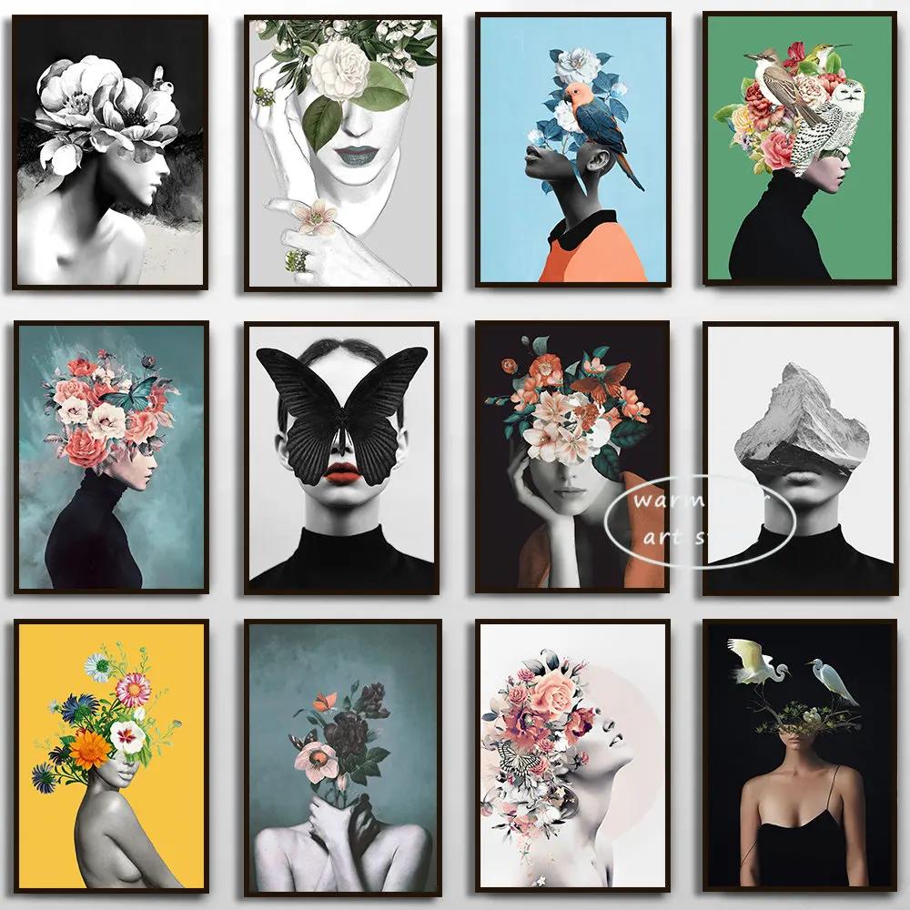 Fashion Women Head Flower Wall Art Poster Butterfly Bird Art Prints Sexy Girls Canvas Painting Modern Pictures Room Home Decor