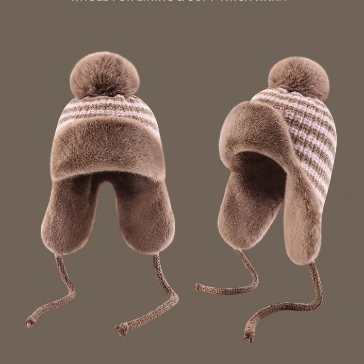 Winter Plush Thickened Wool Ball Knitted Plush Lei Feng Hat for Women's Ear Protection Hat Stripes Retro Big Head Cycling Hat