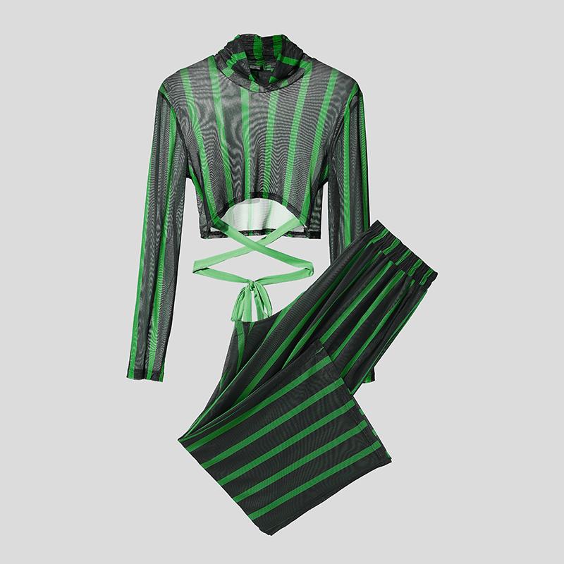 INCERUN Two-piece Men Long Sleeve Striped Mesh Sheer Crop Tops Elastic Waist Pants Sets