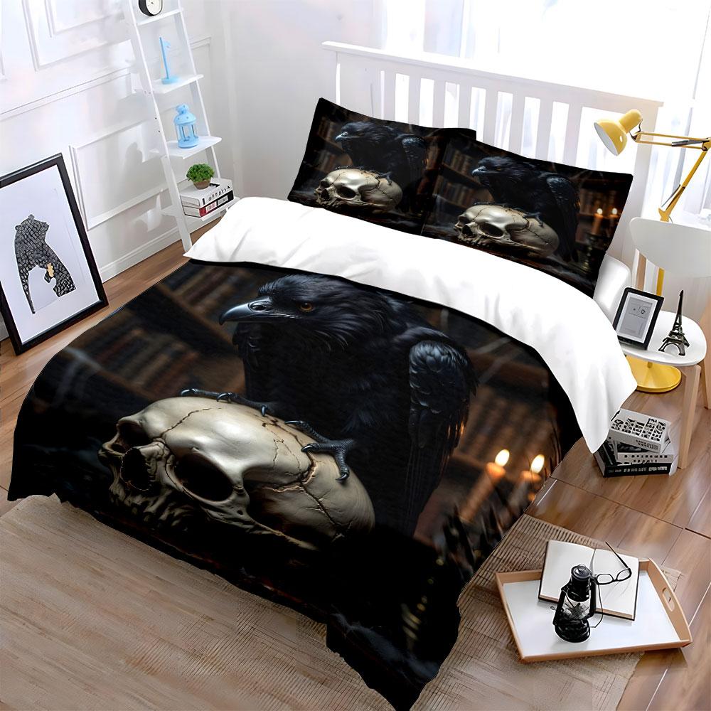 Raven On Skull Gothic Artwork Bedding Duvet Cover Set (1*Duvet Cover 2*Pillowcases, Without Duvet Insert)