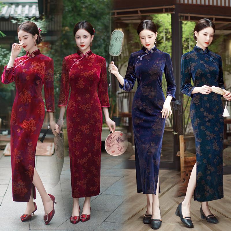 1011 autumn and winter new velvet cheongsam Chinese style large size long nine-quarter sleeve wedding dress