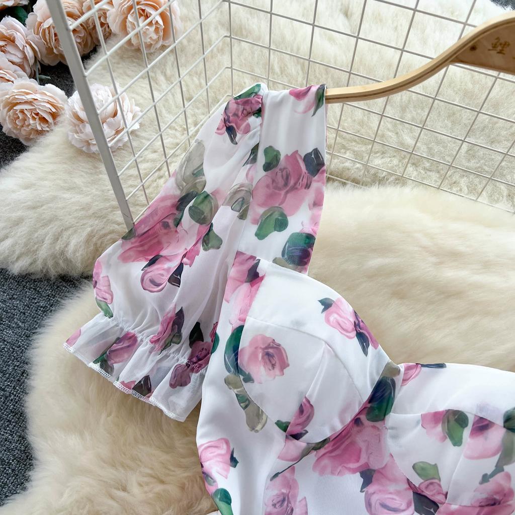 Beach Vacation Floral Print Dress Women Backless Lace Up Cross Ruched Fashion Party Long Dress Fashion Short Sexy Slim Clothes