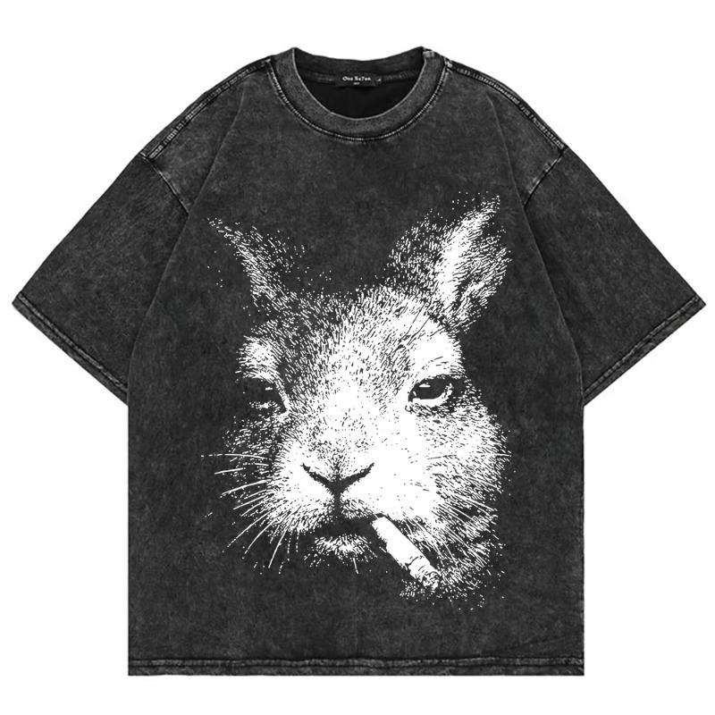 100% Cotton Vintage Washed Y2K Funny Smoking Rabbit Tshirt Fashion Men Retro Cool Bunny Meme Oversize Loose Acid Wash Tee Shirt