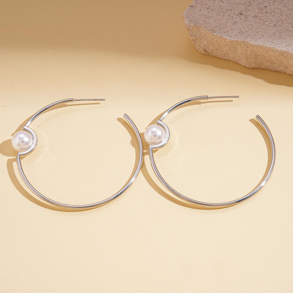 18k real gold electroplated imitation pearl geometric round silver needle earrings simple earrings