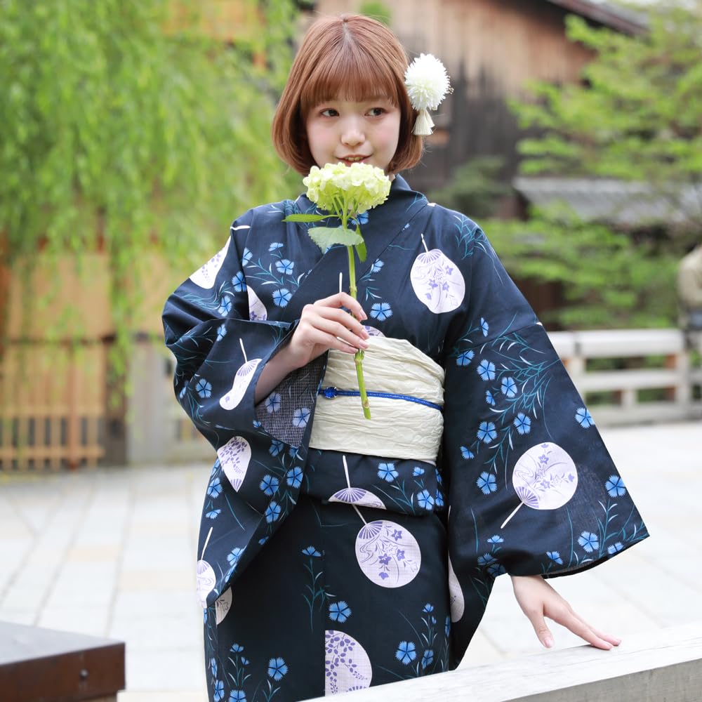 Separate Yukata for Large Separate Yukata with Heko Set Navy Blue with Uchiwa and Women, Adults, Size, Obi, 3-piece (LL-3L Size, 1. Nadeshiko)