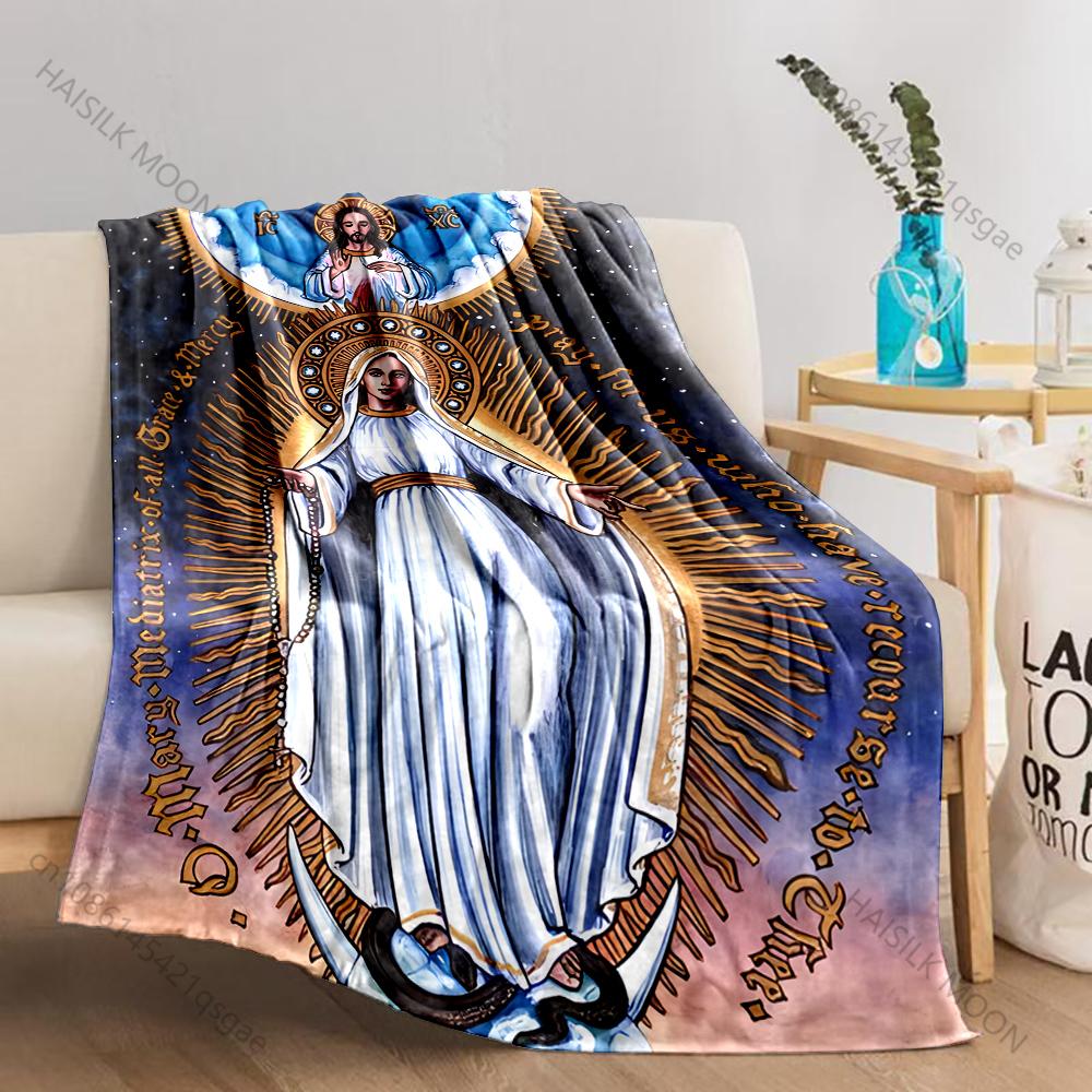 1PC Virgin Mary and Christ Icon Print Believer Pray Blanket Warm Soft Flannel Material Suitable for All Seasons Luxurious Gift