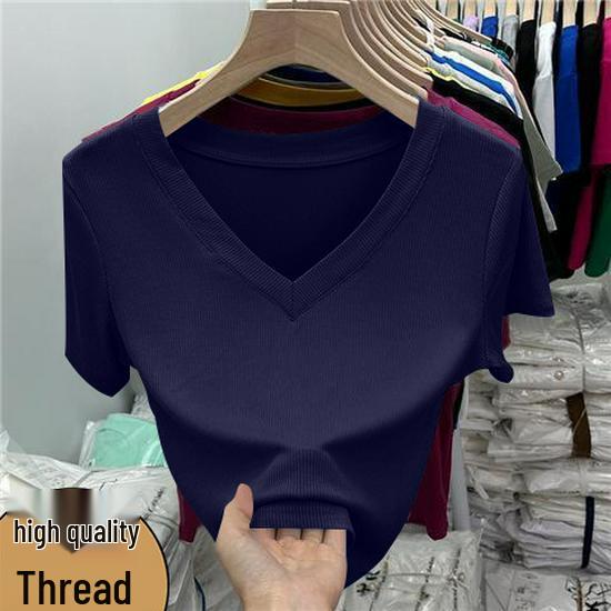 

European Plus Size V-Neck Ribbed Short Sleeve T-Shirt - Women s Summer Slimming Base Layer Top 3XL [140-155 lbs]