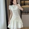 Zen-Style Jacquard Stand Collar Short Sleeve Irregular Chiffon Tea Dress